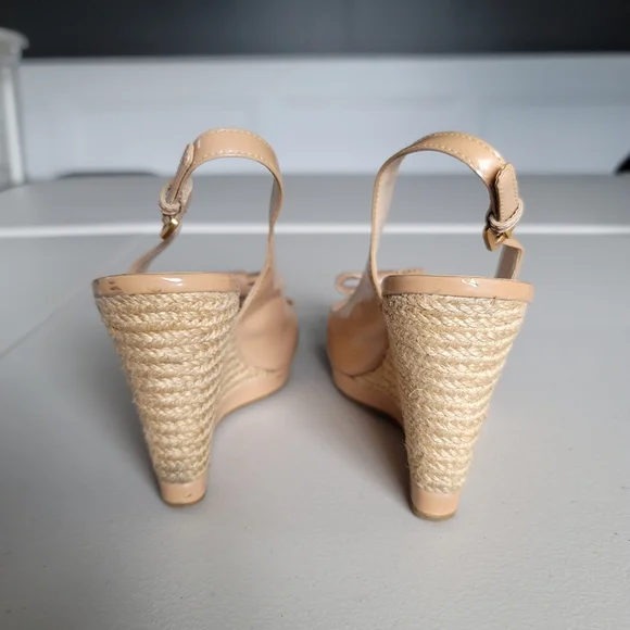 Prada Patent Leather Nude Beige Bow Wedges Slingback Size 38.5